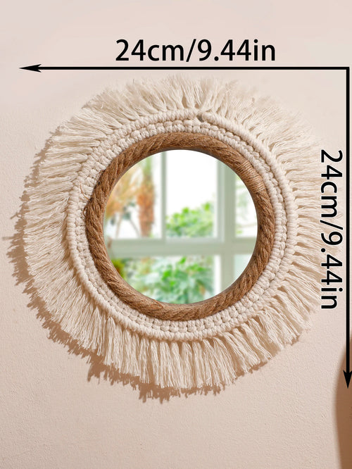 miroir suspendu en macramé décoratif avec pompons tissés - vue 15 sur 14