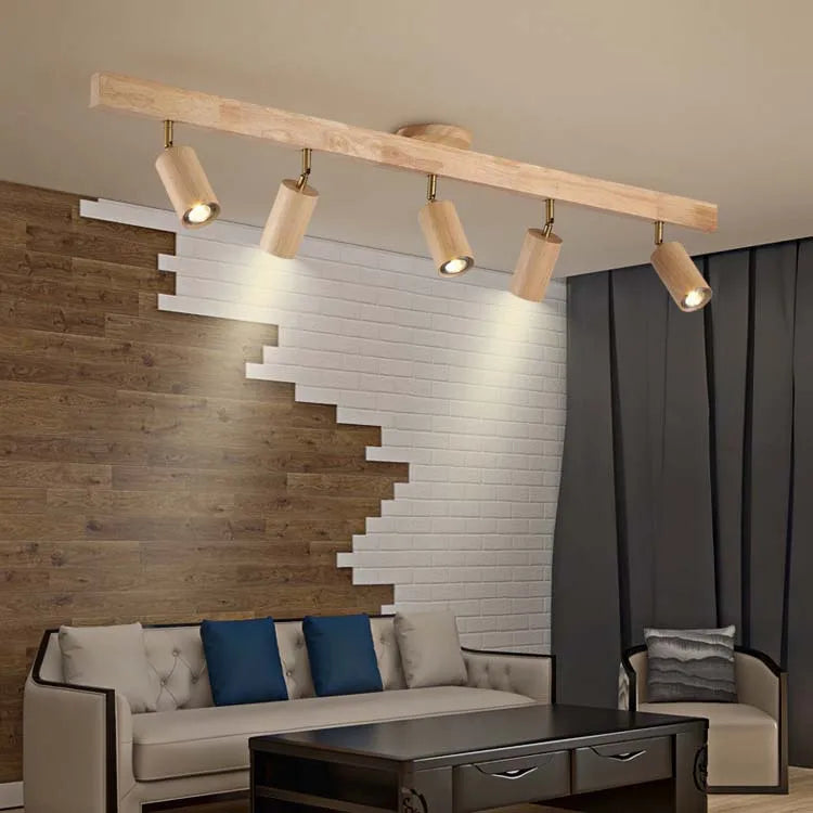 plafonnier en bois avec projecteur rotatif réglable décoratif - vue 4 sur 17