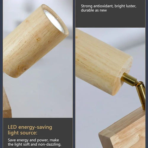 plafonnier en bois avec projecteur rotatif réglable décoratif - vue 10 sur 17