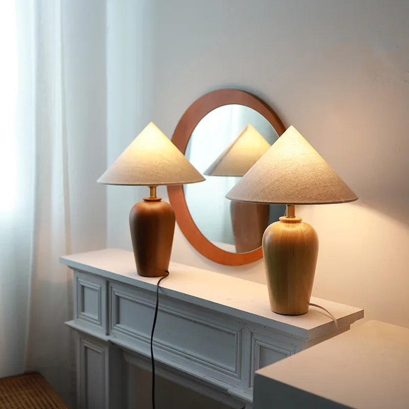 Vintage Table Lamp Desk Light with Wood Stand Fabric Shade - vue 5 sur 8