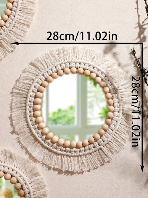 miroir suspendu en macramé décoratif avec pompons tissés - vue 8 sur 14