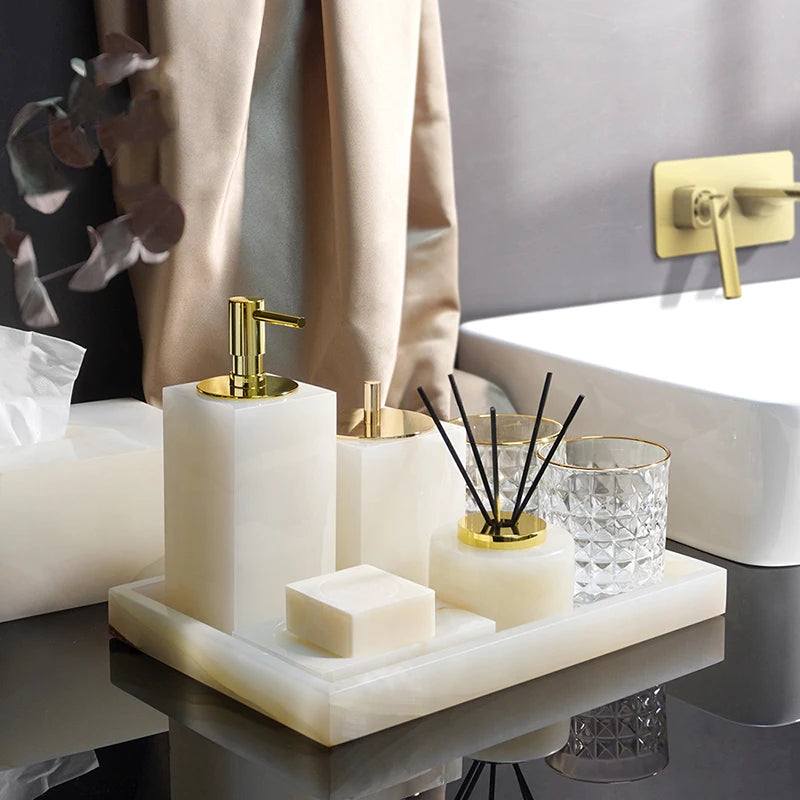 ensemble accessoires de salle de bain en marbre naturel luxe - vue 3 sur 23