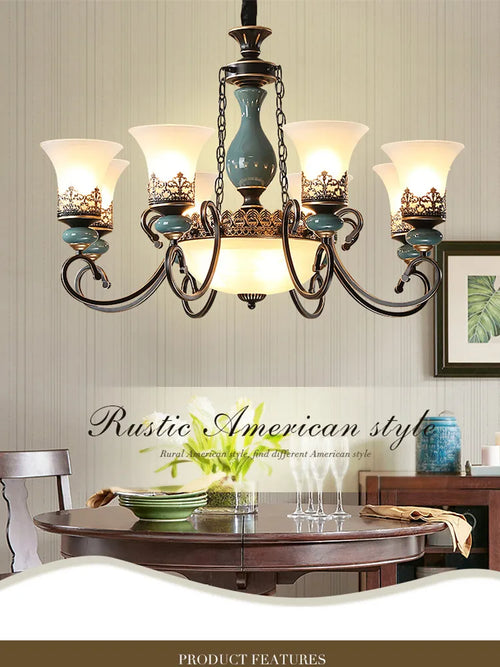 lustre rétro européen en céramique avec abat-jour en verre - vue 6 sur 21
