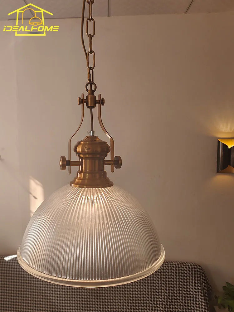 suspension vintage en fer style campagnard avec verre rayé - vue 3 sur 6