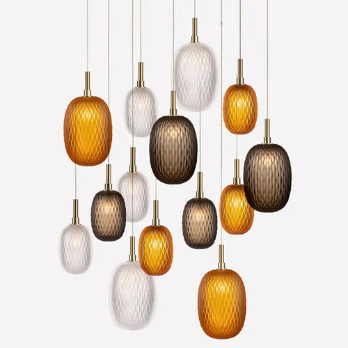 Lampe suspension verre blanc ambre moderne - vue 4 sur 11