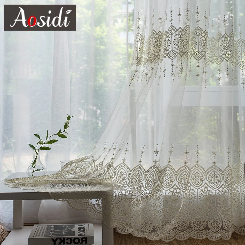 Voilage brodé tulle transparent style moderne salon chambre - vue 1 sur 7