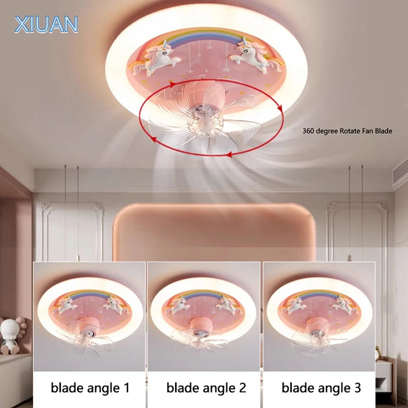 Creative LED Ceiling Light with Fan Pink Princess Children's Room Bedroom Ceiling Fan Resin Unicorn Rainbow Remote Control 220V - vue 4 sur 7