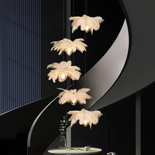 2024Staircase Feather Chandelier Ostrich Glass Design Pendant Chandelier Lighting Home Decor Suspend Lustre Fixtures - vue 2 sur 11