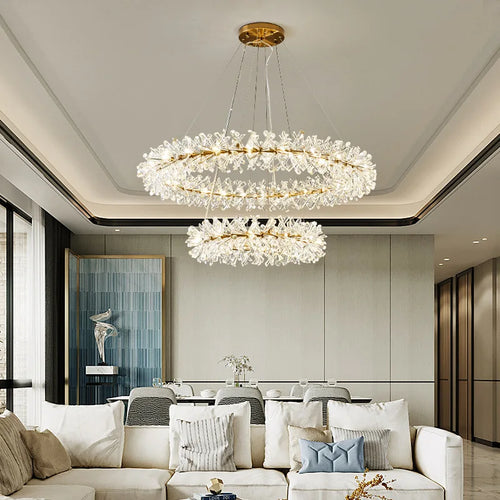 lustre led cristal clair rond avec fil métallique doré réglable - vue 4 sur 12