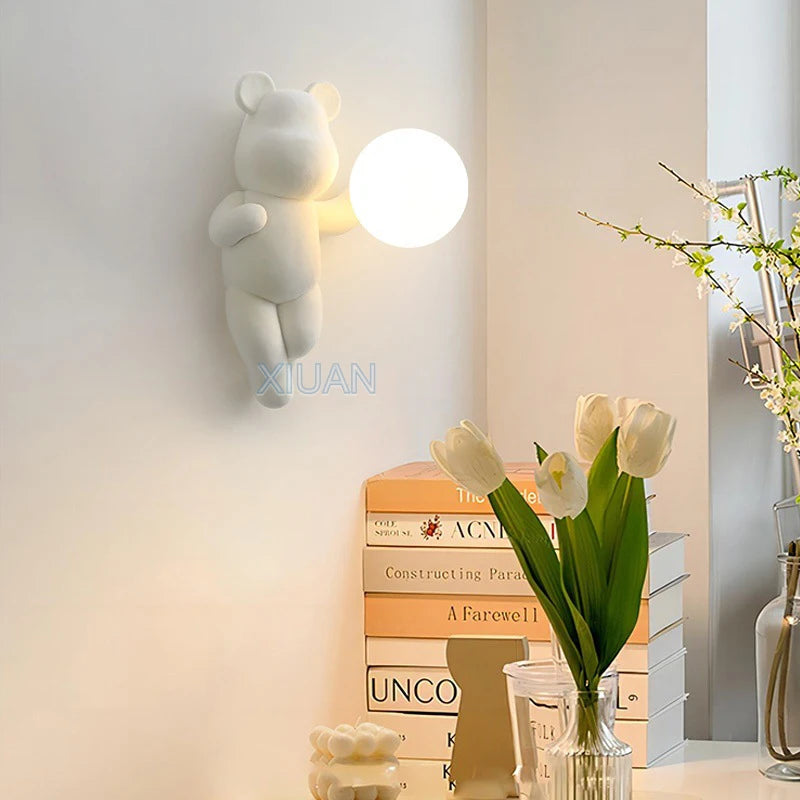 Chrome White Pink Bear Lights Art Design Bedroom Bedside Wall Lamps Resin Animal Glass Sconces Living Room Decorative Wall Light - vue 3 sur 18
