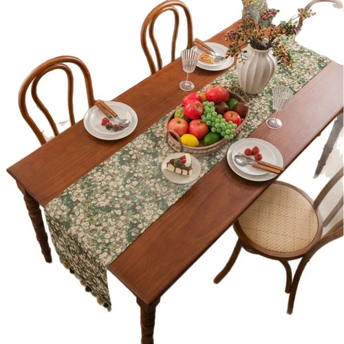 Chemin de table vert jacquard floral pompons campagne - vue 7 sur 6