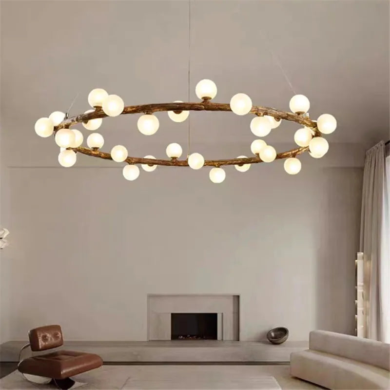 lustre rétro en forme de branche d'arbre en bois et verre - vue 2 sur 13