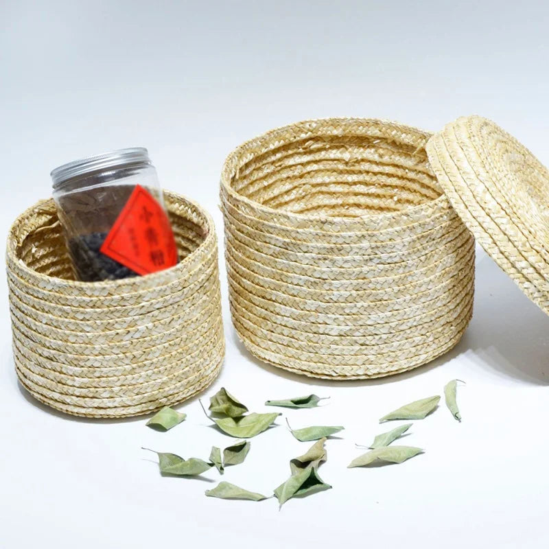 panier de rangement rond en paille tissée avec couvercle polyvalent - vue 4 sur 10