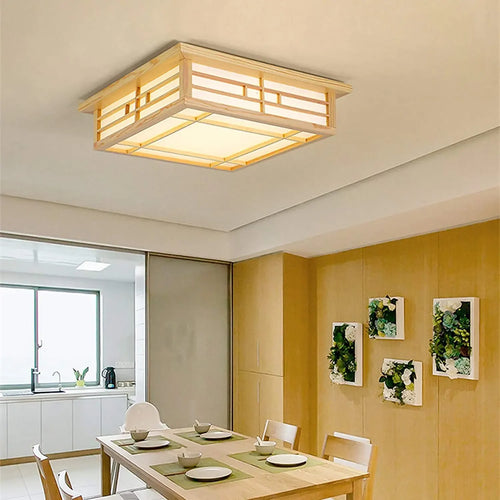 plafonnier led encastré en bois style japonais avec télécommande - vue 2 sur 6