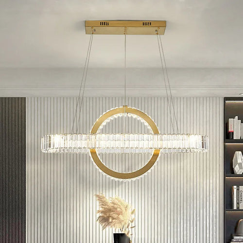 Lustre LED led moderne en acier doré avec cristaux et câble réglable - vue 4 sur 12