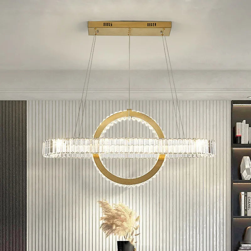 Lustre LED led moderne en acier doré avec cristaux et câble réglable - vue 3 sur 12