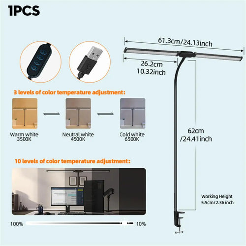 lampe de bureau à double tête à pince led adjustable - vue 9 sur 8