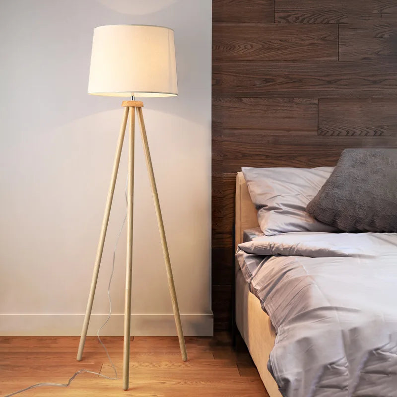 Nordique bois art bois massif lampadaire tissu art abat-jour salon chambre chevet décoration de la maison moderne lampadaire LED - vue 3 sur 7
