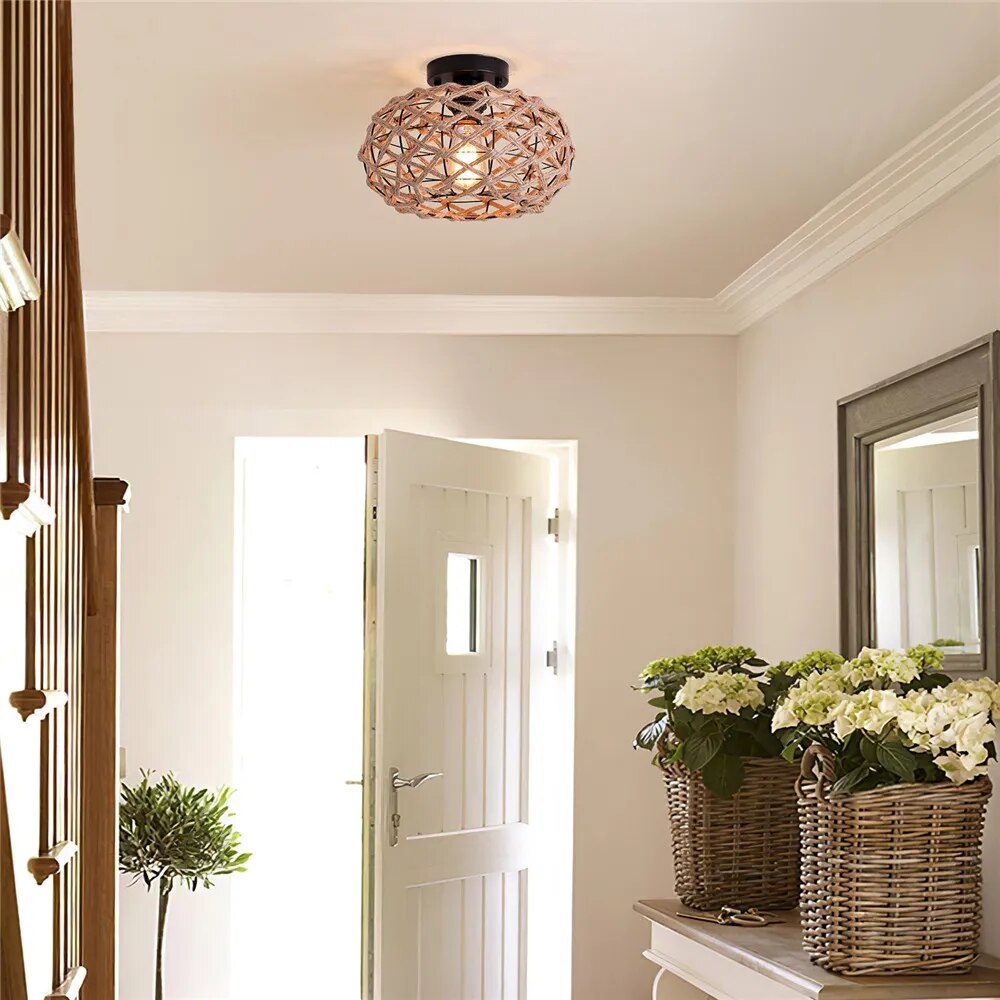plafonnier tissé rustique corde chanvre plafond couloir ferme noir - vue 3 sur 6