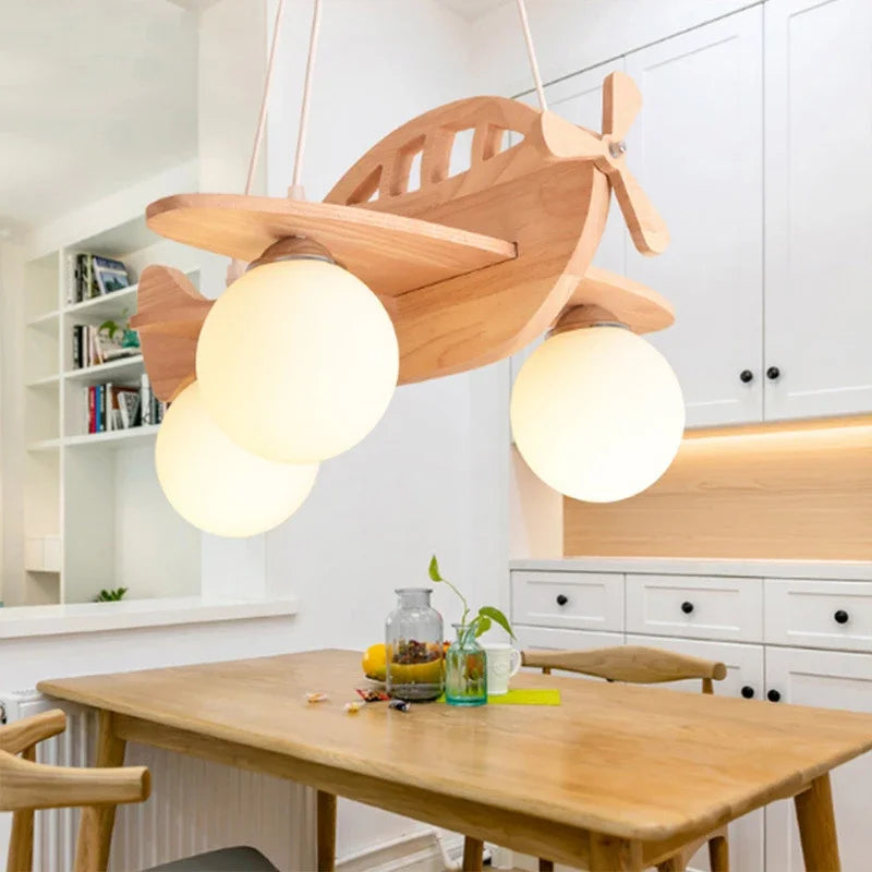 lustre en bois avion pour chambre d'enfant à led - vue 3 sur 7