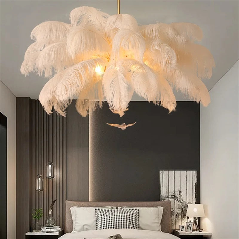 luminaire suspendu luxe plume d'autruche led style nordique - vue 2 sur 13