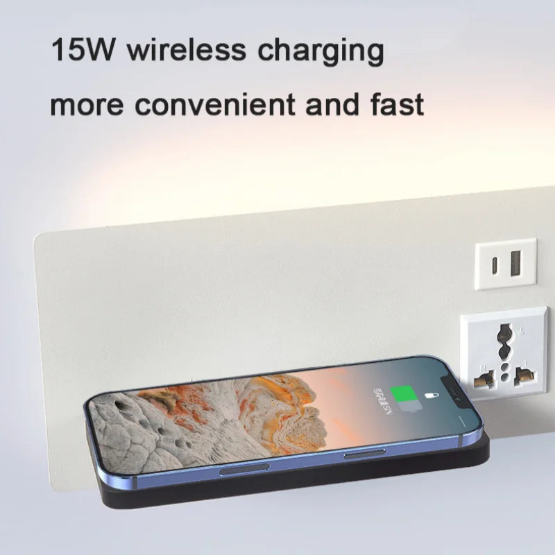 lampe de chevet murale avec chargement sans fil usb type-c et projecteur rotatif - vue 6 sur 14