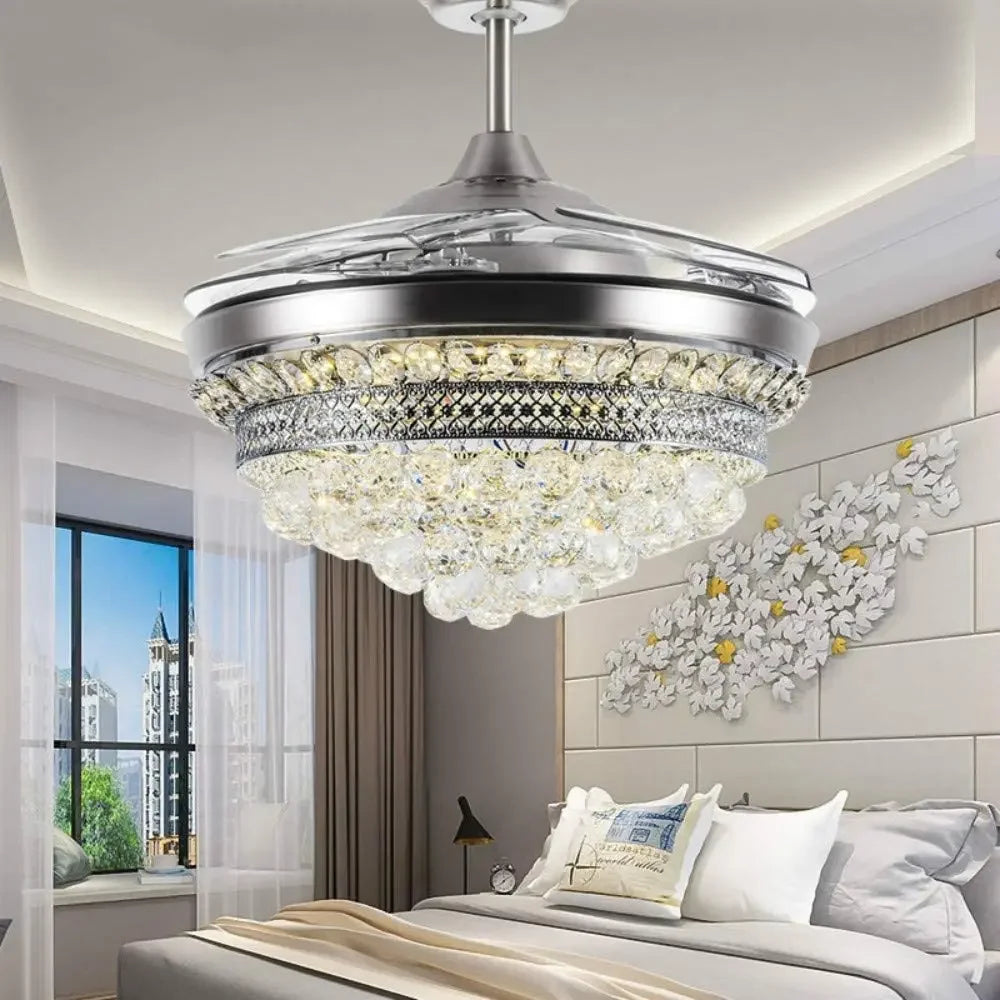 lustre ventilateur chromé en cristal avec lumière led changeante - vue 4 sur 8