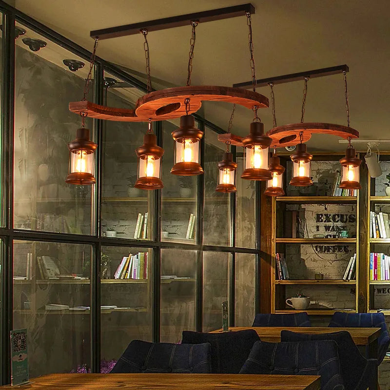 lustre industriel rétro 4 têtes en bois et fer pour café bar loft - vue 3 sur 7