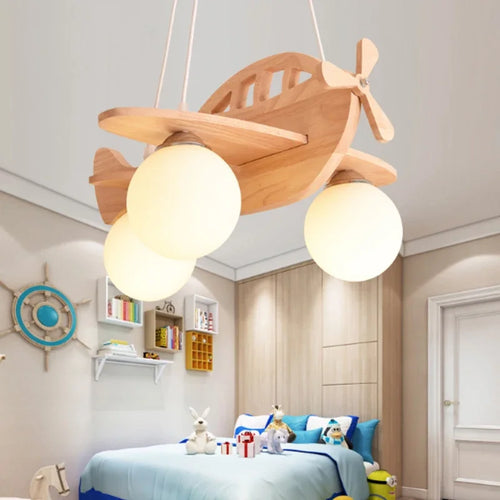 lustre en bois avion pour chambre d'enfant à led - vue 2 sur 7