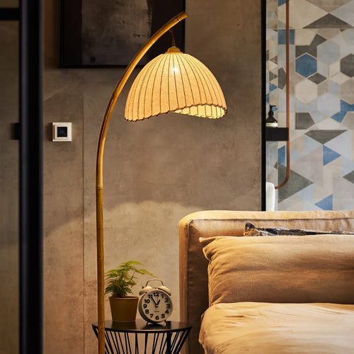 Lampadaire à abat-jours suspenduen toile nuances LED nordique bambou - vue 3 sur 8