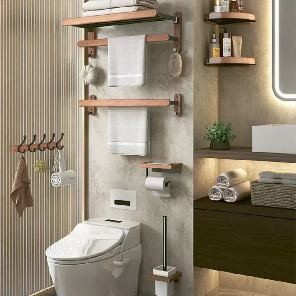 porte-serviettes en bois et aluminium organisateur mural pour accessoires de douche - vue 4 sur 16