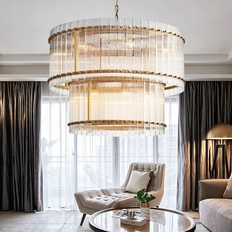 lustre de luxe en cristal double anneau doré led suspendu - vue 3 sur 21