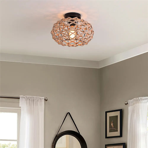 plafonnier tissé rustique corde chanvre plafond couloir ferme noir - vue 4 sur 6