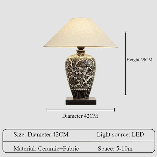 lampe de bureau rétro chinoise en céramique avec abat-jour en tissu - vue 6 sur 9