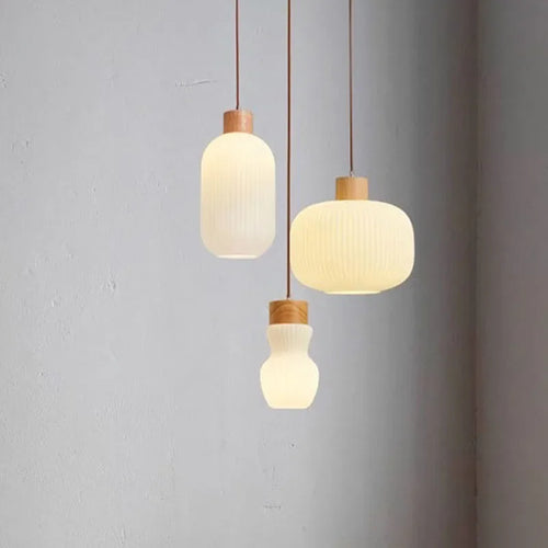 Suspension à rayures en verre blanc nordique lustre de Restaurant en bois Simple pour salle à manger cuisine chevet lampe suspendue au plafond - vue 2 sur 9