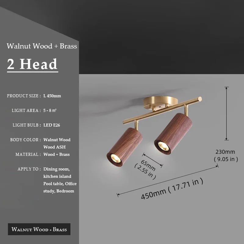 Walnut Wood Brass Spotlight Ceiling Light Fixture, Living Room Light for Dining Room, Kitchen Island, Corridor aisle, bedroom - vue 13 sur 14