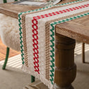 Chemin de table bohème coton lin pompons beige