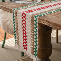 Chemin de table bohème coton lin pompons beige