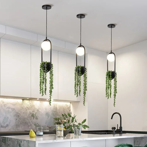 suspension rétro en fer avec plante décorative et éclairage led - vue 2 sur 7