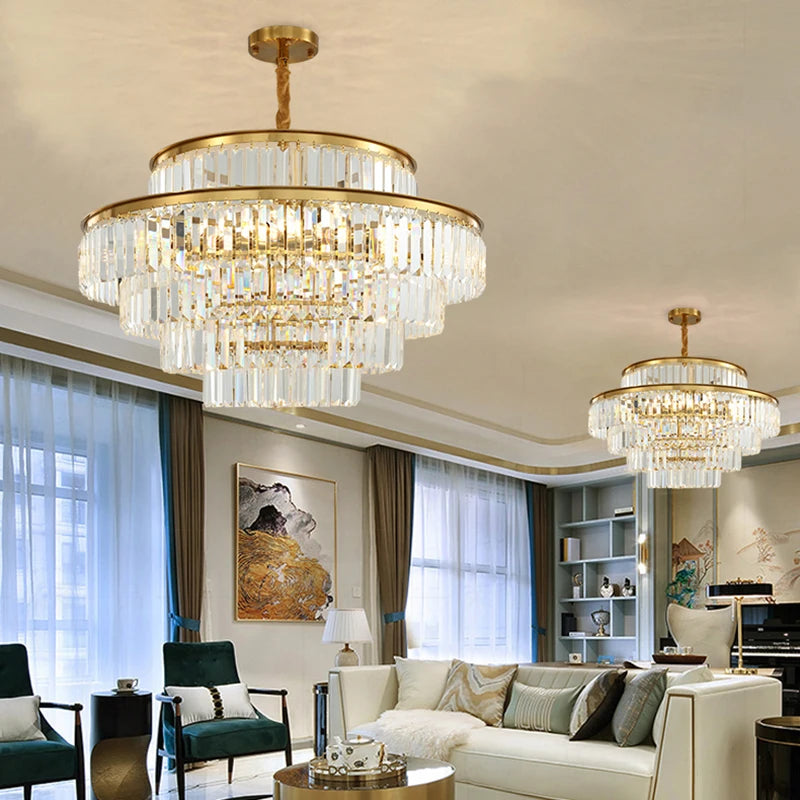 lustre moderne en cristal doré pour éclairage décoratif intérieur - vue 5 sur 10