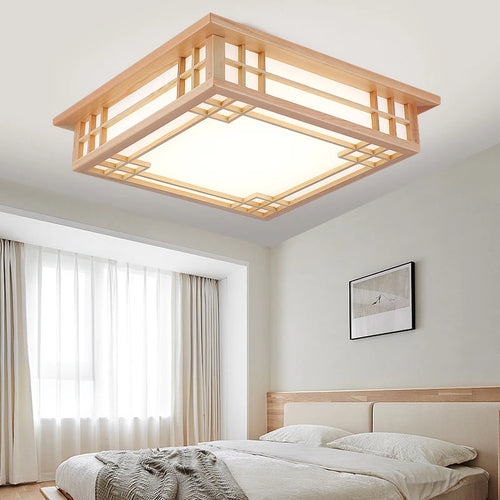 Plafonnier nordique en bois massif carré led décoratif - vue 2 sur 5