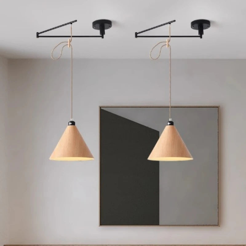 lustre moderne à led créatif avec bras rétractable en bois artistique - vue 3 sur 16