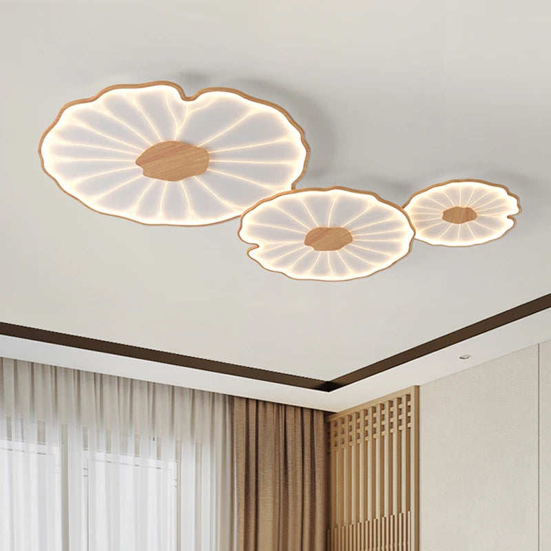 plafonnier moderne à grain de bois pour salon chambre à coucher étude crèche pour enfants conception de feuille de lotus lustre à LED en métal - vue 5 sur 18