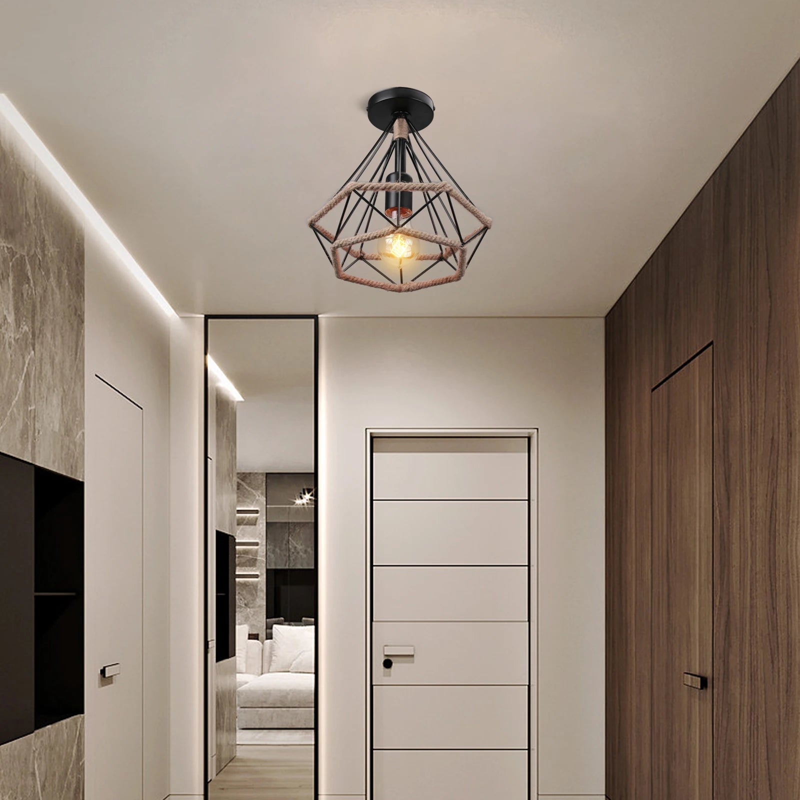 lustre de plafond en corde de chanvre fait main style industriel rétro - vue 5 sur 15