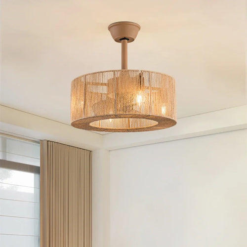 plafonnier décoratif en corde tressée avec ventilateur et intensité variable - vue 3 sur 11