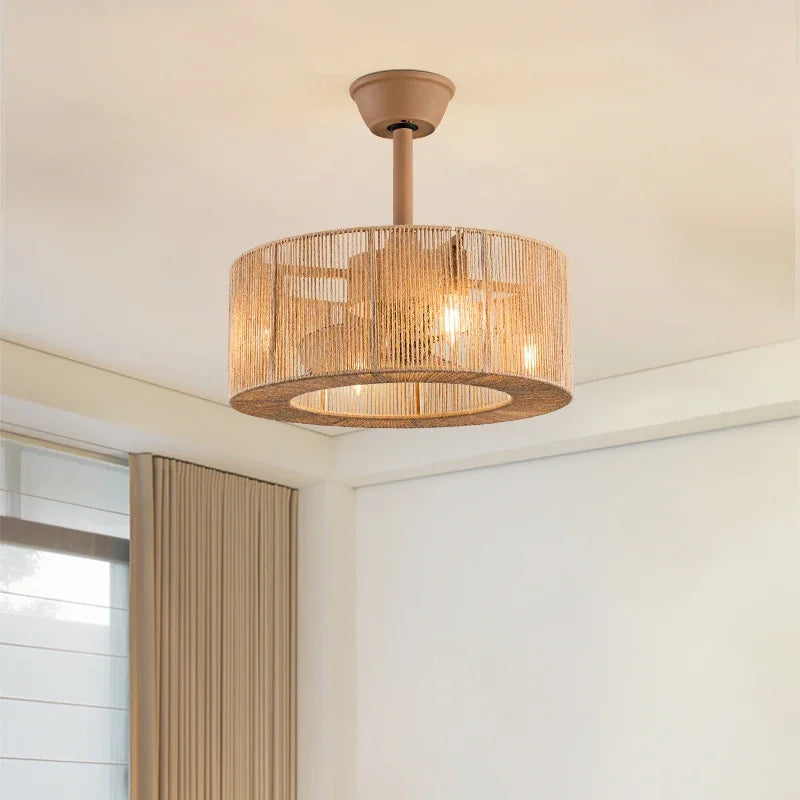 plafonnier décoratif en corde tressée avec ventilateur et intensité variable - vue 3 sur 11