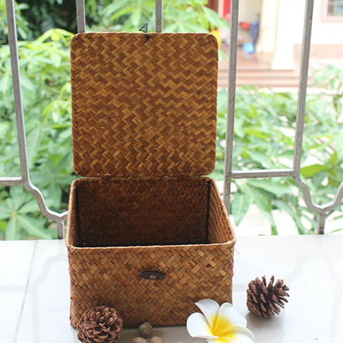 panier de rangement en algues tissé à la main avec couvercle - vue 4 sur 14
