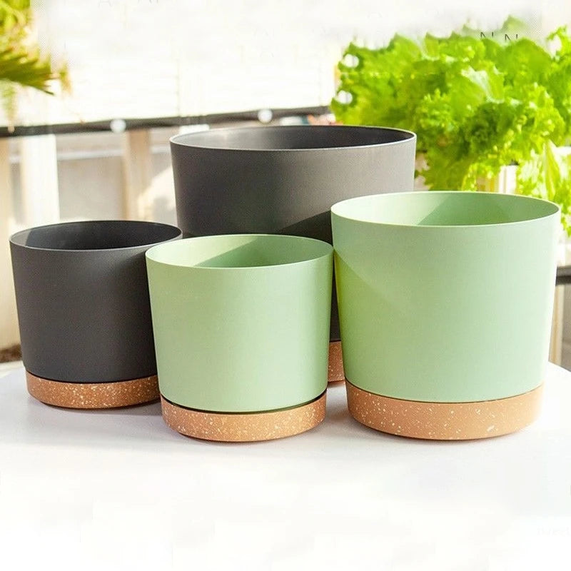 grand pot circulaire en plastique pour plantes d'intérieur avec drainage et plateau - vue 5 sur 15