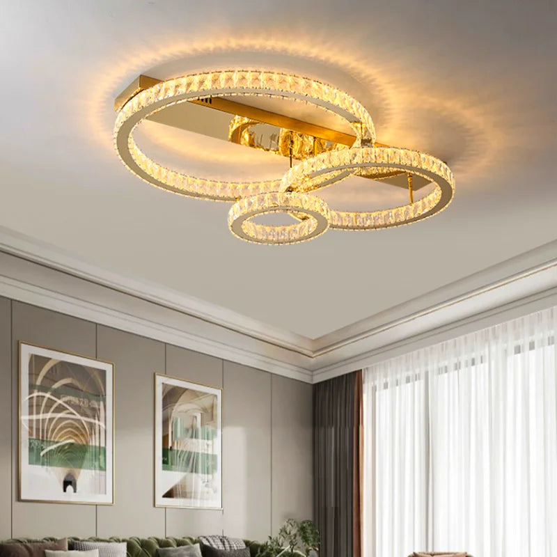 plafonnier acier inox k9 cristal led or lustre salle manger - vue 3 sur 14