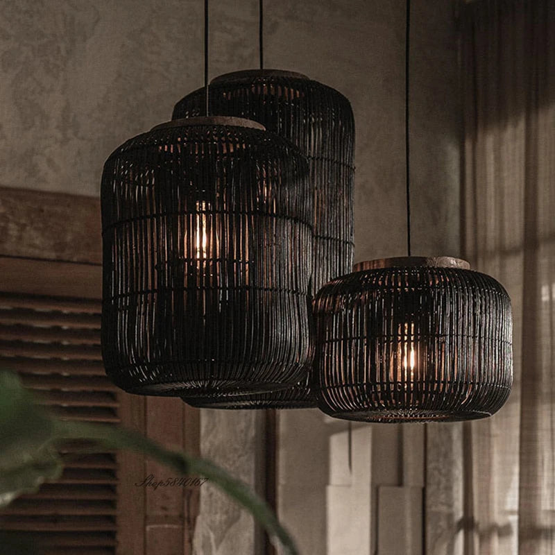 suspension Wabi-sabi lumières chinois rétro salle à manger salon restaurant décor chez l'habitant rotin - vue 3 sur 12